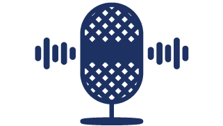 Illustrated graphic of a oval with crossed lines inside of it, and rounded vertical lines of different heights on either side, representing a microphone.