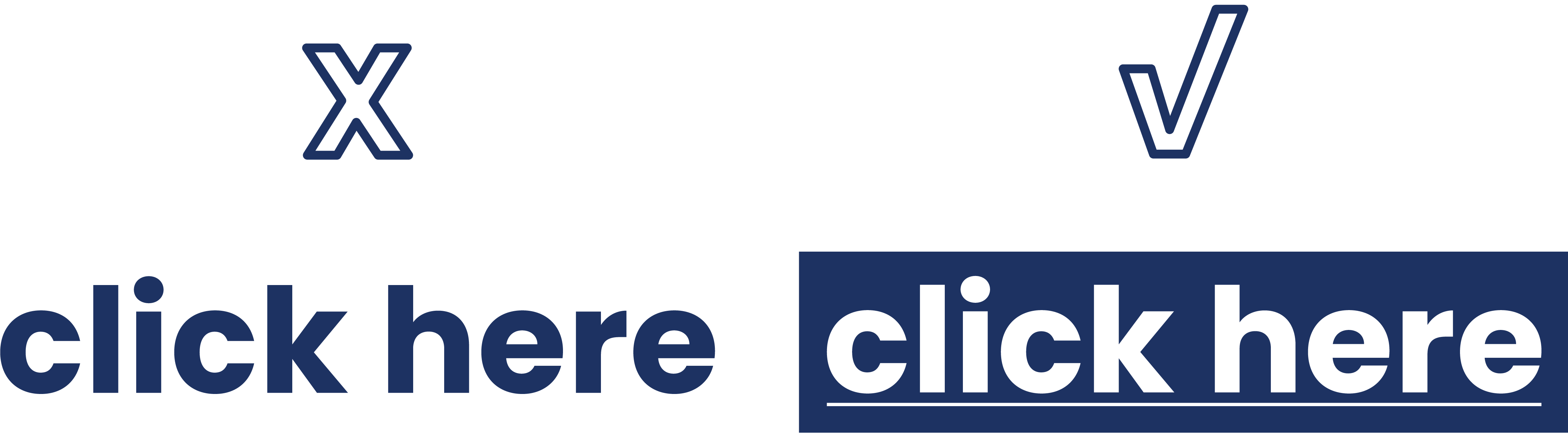 illustrated graphic of the words "click here" with an x above it. The words "click here" highlighted and underlined with a check above it.