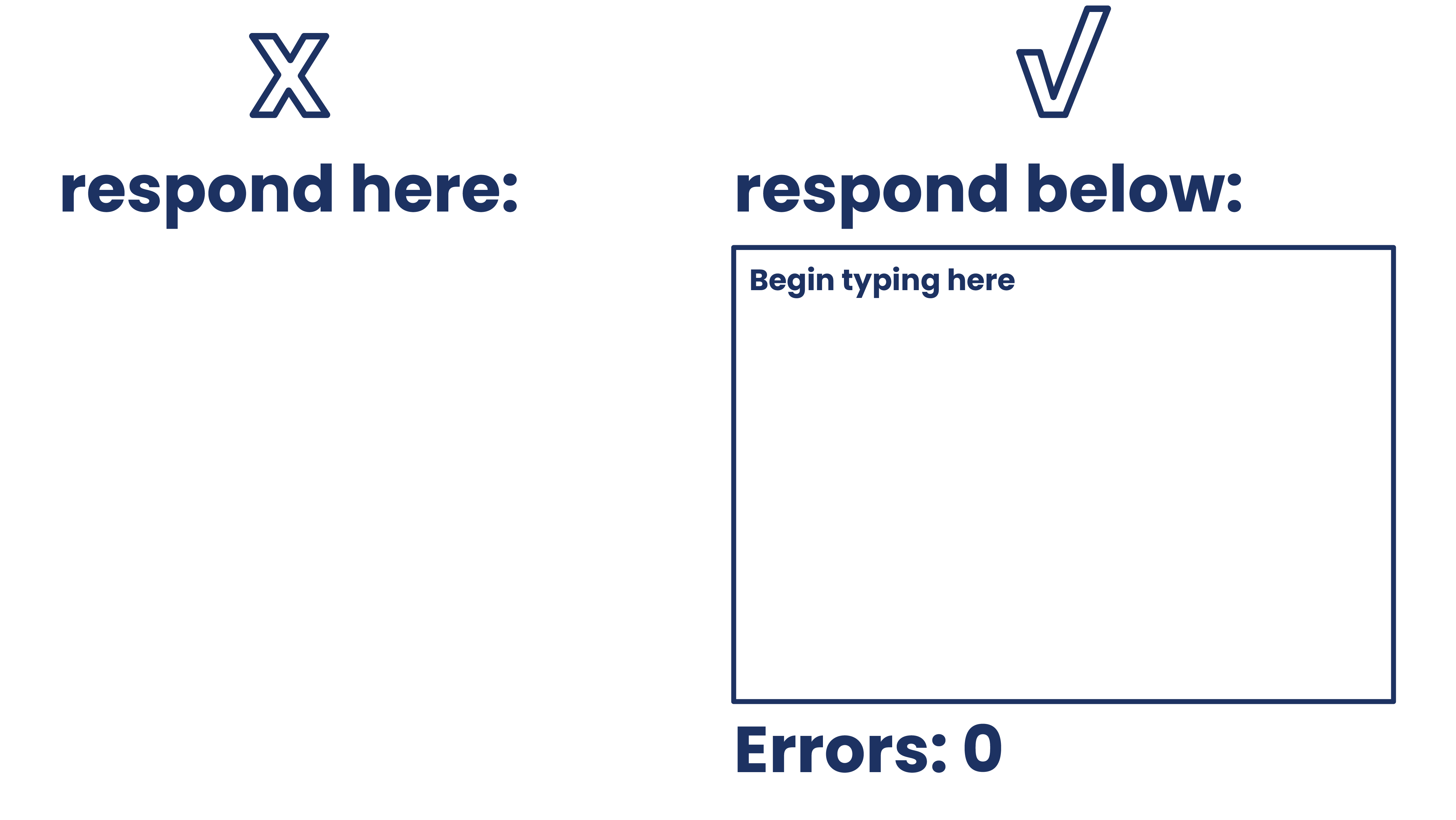 Illustrated graphic of the words "respnd here:" and nothing below with an x above it. The words "respond below" with a rectangle below with the words "begin typing here" inside and an error count message beneath, all with a check mark above.