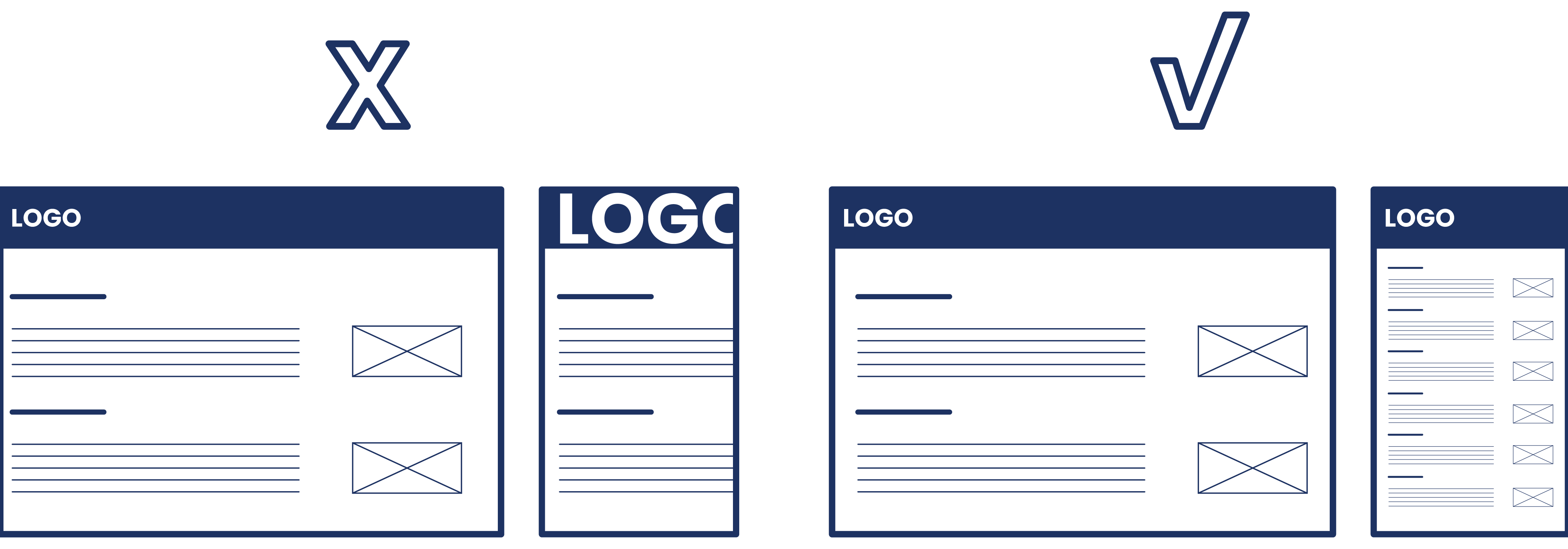 Illustrated graphic of two rectangles, one wider with a formatted site, and one narrower with type and lines running out of it, all with an x above it. Two rectangles, one wide and one narrow, both with formatted website content all with a check above it.