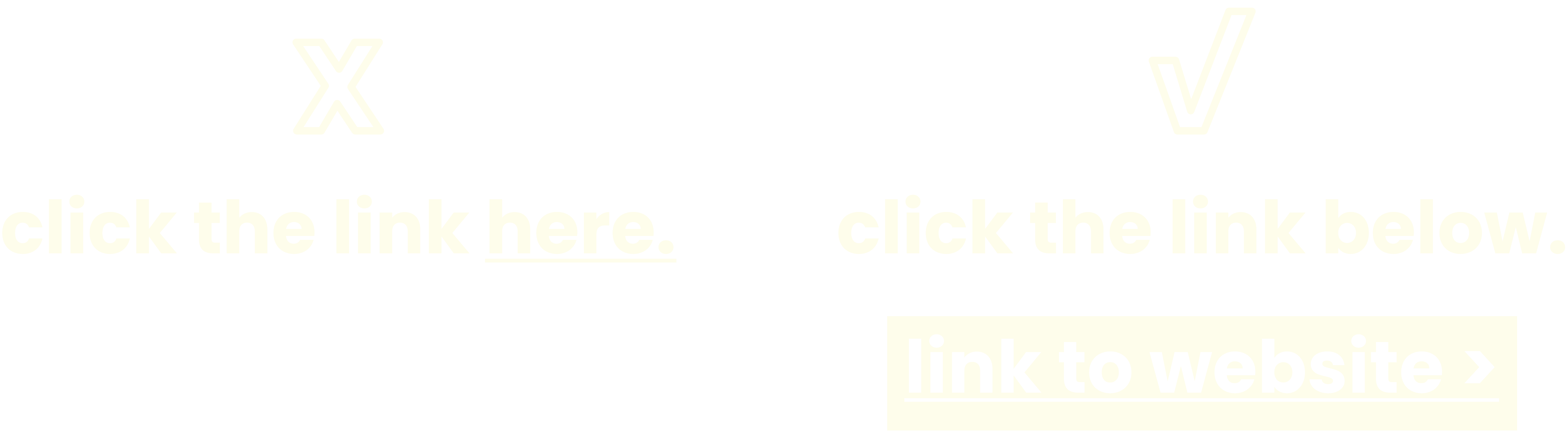 Illustrated graphic of the words "click the link here" with here underlined and an x above it then the words "click the link below" with a underlined box of text that says "Link to website" with a check above it.