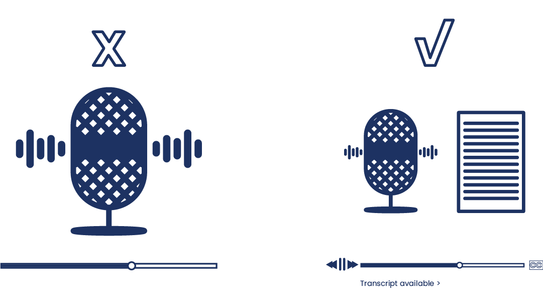 Illustrated graphic of a Microphone with an x above it, and a microphone with a transcript and closed captioning options with a check above it.