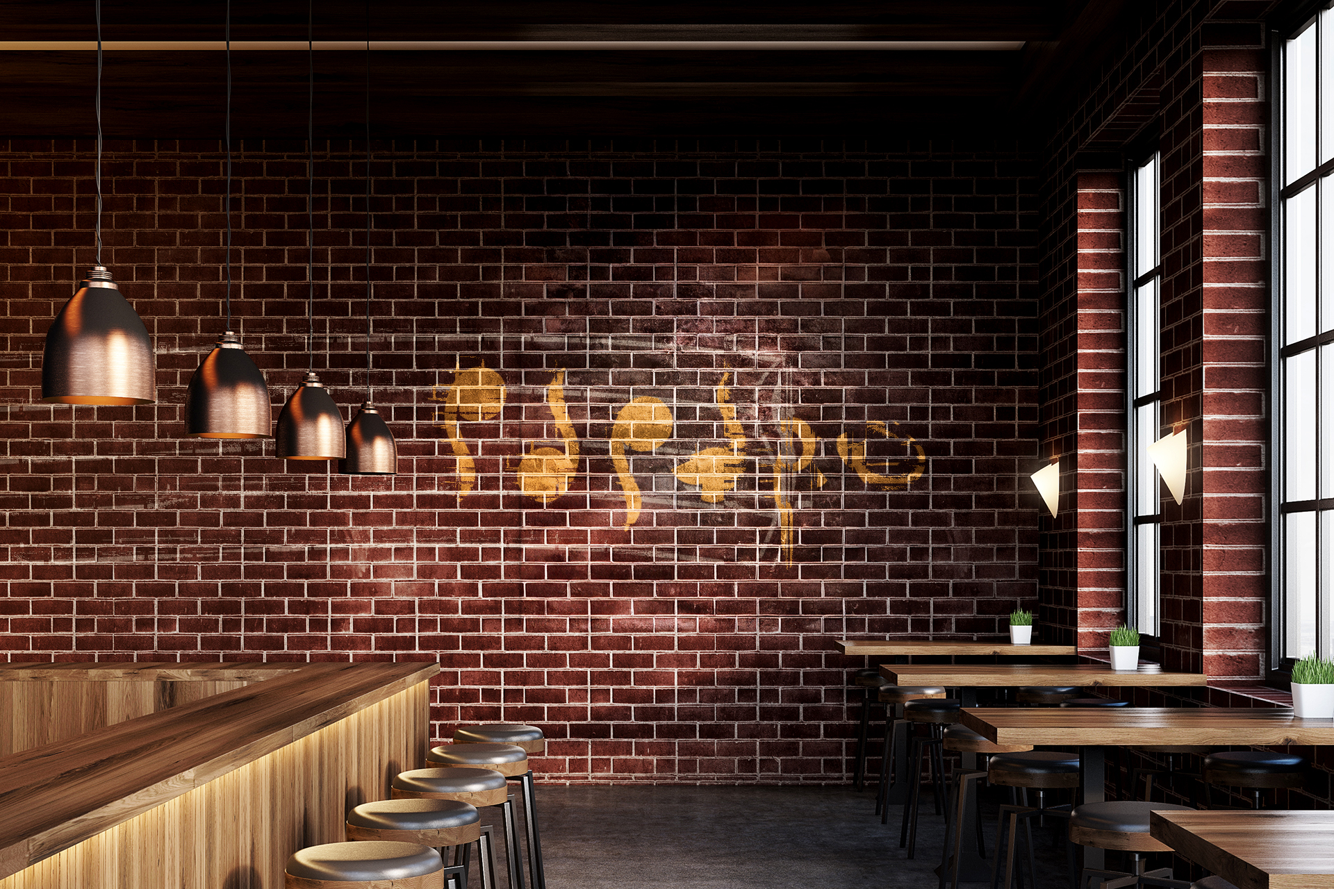 Bar interior with poster and stools